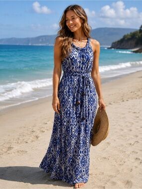 Boho Maxi Dress Braided Strap Tie Waist made in USA Coastal Cowgirl Resortwear